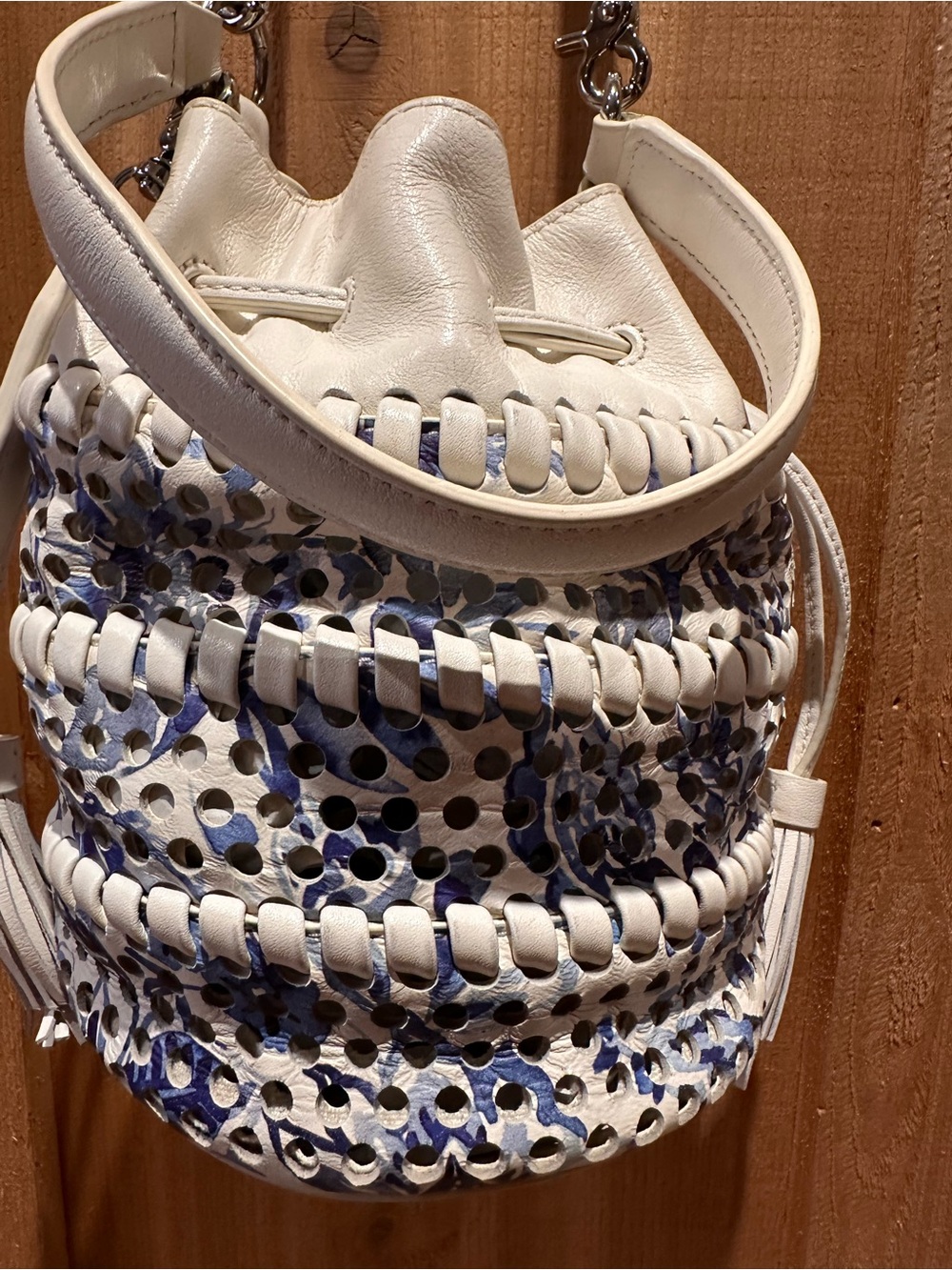 Loeffler Randall Industry White and Blue Drawstring Bucket Bag - Picture 3 of 10